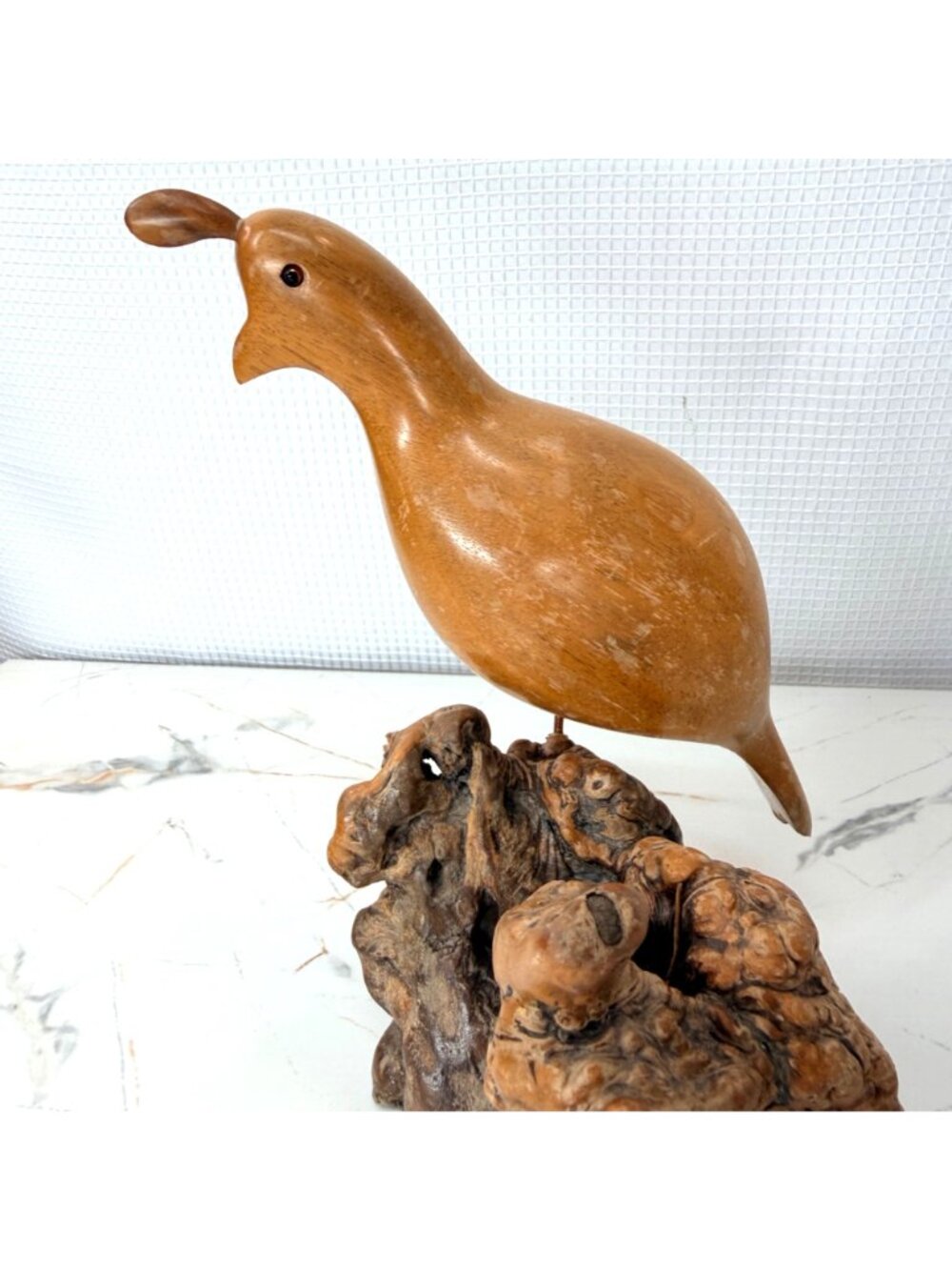 Hand-Carved Wooden Quail Figurine On Natural Burl Wood Base - Rustic Home Décor - Picture 9 of 11